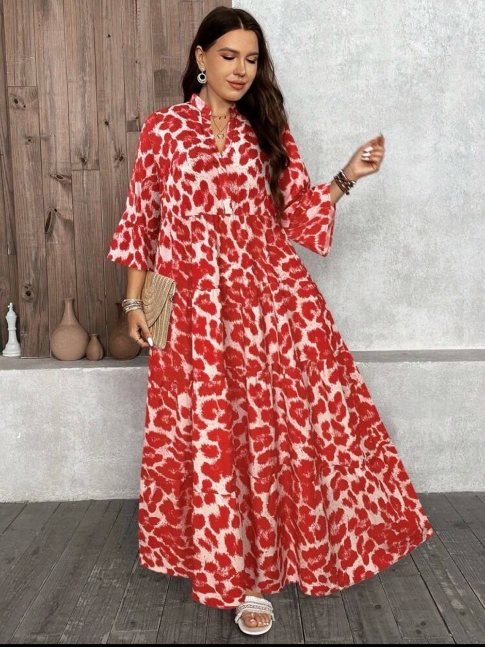 SHEIN Red and White Printed Maxi Dress
